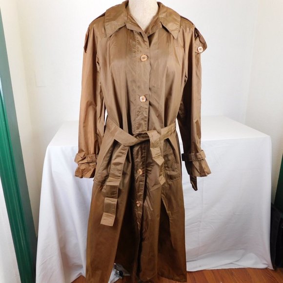 Aqua Sheen Women Solid Brown Raincoat Belted Trench Long Sleeve Collared Size L - Picture 1 of 12